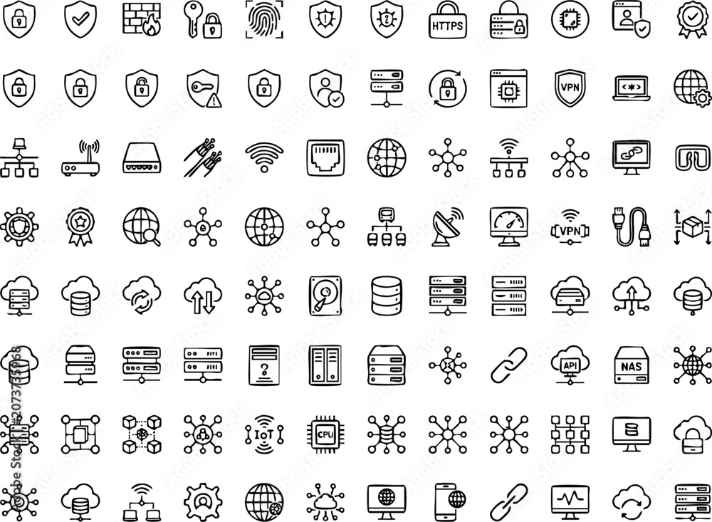 Фотография Advanced network security and cloud data infrastructure icon set with security,