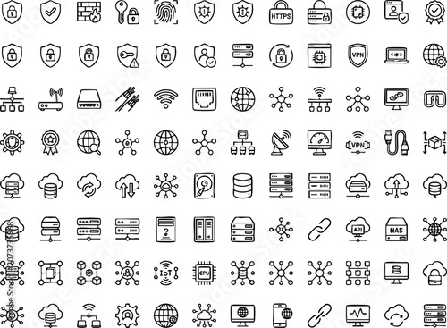 Obraz na płótnie Advanced network security and cloud data infrastructure icon set with security,