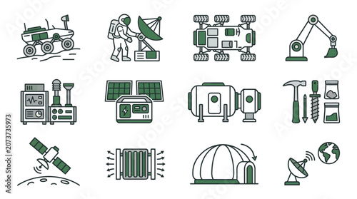 Foto Mars colonization and scientific space base equipment icons.