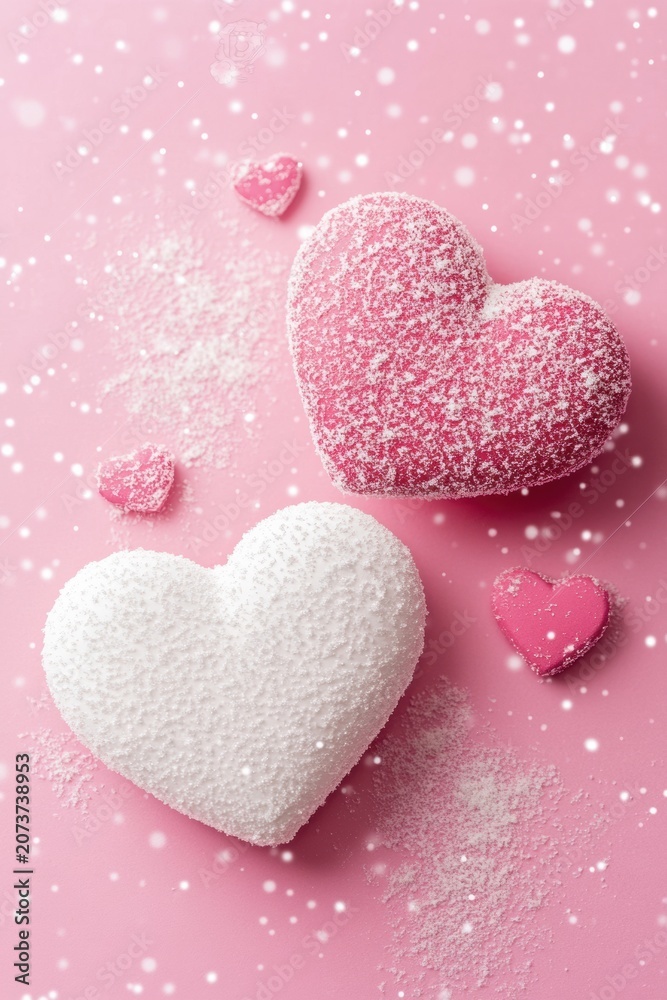 Fototapeta premium Pink and white heart shapes dusted with snow on a pink background