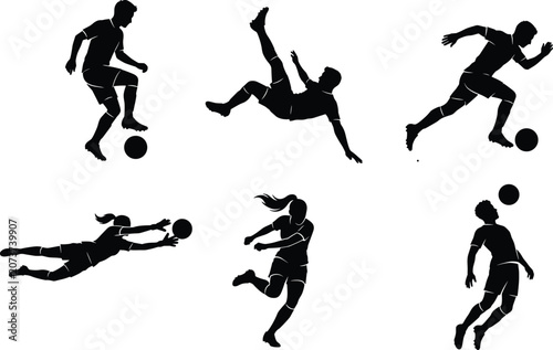 Soccer players silhouettes set featuring male and female athletes kicking dribbling heading and diving goalkeeper