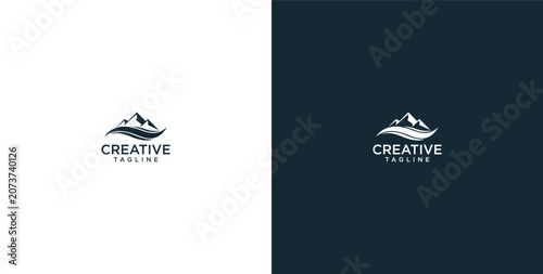 Minimalist mountain peaks and wave logo template for outdoor adventure brands and nature travel identity design