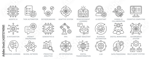 Agentic AI outline vector icon set featuring generative AI, LLM, AI assistant, prompt engineering, machine learning, business automation, multi-agent system concepts.