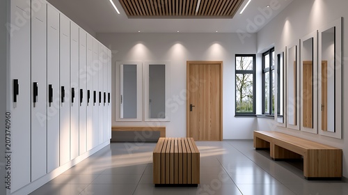 Modern locker room interior with wooden bench and white lockers