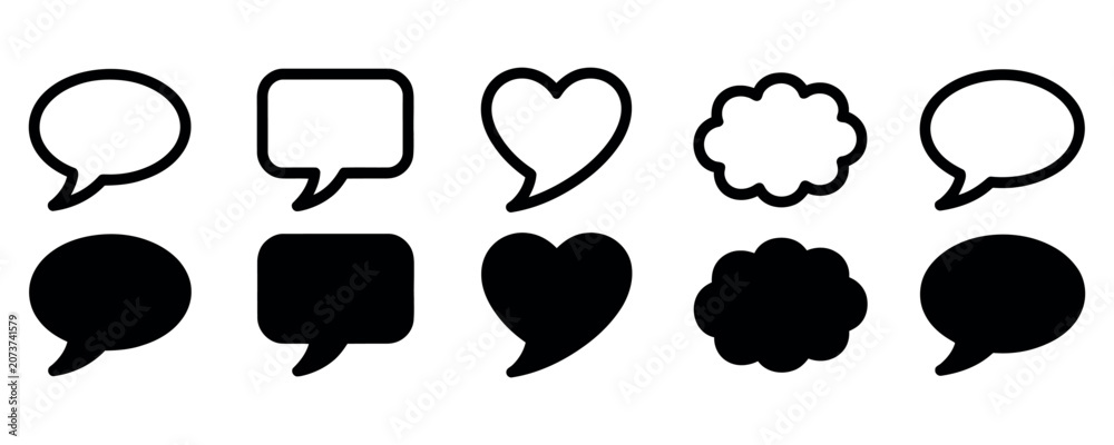 Fototapeta premium Speech Bubble and Heart Chat Icon Collection in Outline and Solid Style for Messaging Communication Vector Set