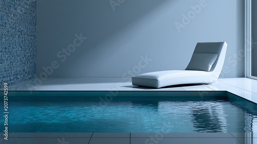 Modern white lounge chair by indoor pool with blue tiled wall and calm water