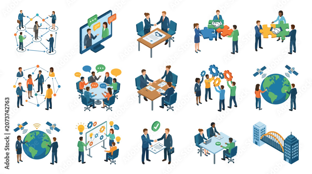 Fototapeta premium Professional Illustrated Icons Showcasing Diverse Business Collaboration Networking and Global Communication Concepts