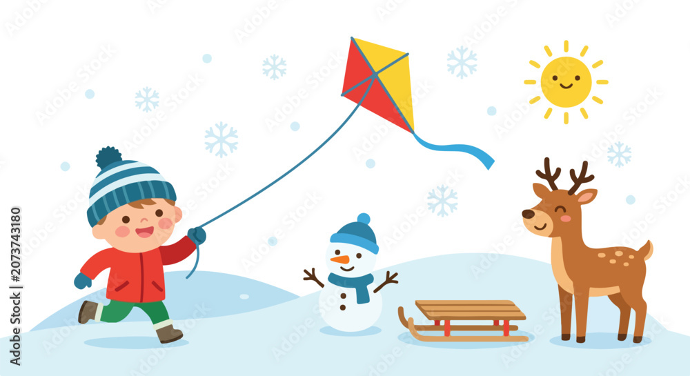 Fototapeta premium A happy boy in winter gear flies a colorful kite in a snowy scene with a snowman, sled, reindeer, and a smiling sun under a light snowfall.
