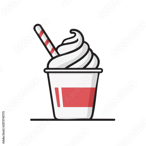 Flat illustration of ice cream cup with soft serve and straw