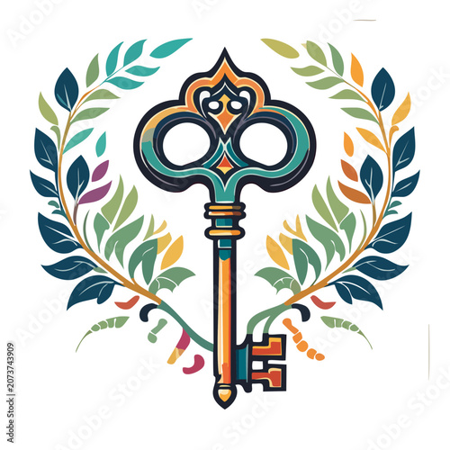 Ornate Key with Laurel Wreath Vector Illustration