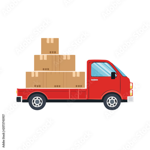 Red delivery truck with stacked cardboard boxes