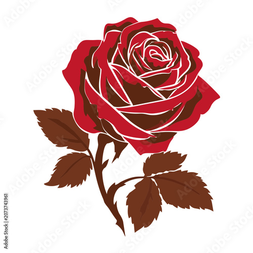 Red rose with stem and leaves vector illustration