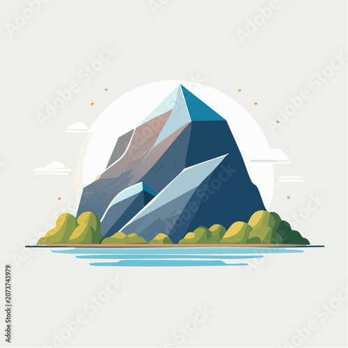 Stylized Mountain Landscape with Lake and Clouds