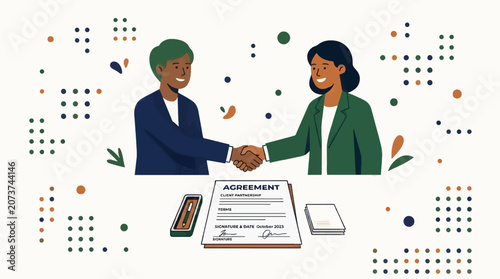 Diverse Business People Shaking Hands Over Signed Contract, Modern Flat Graphic Style with Abstract Shapes, Partnership Deal