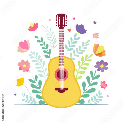 Acoustic Guitar with Flowers and Butterflies Vector Illustration