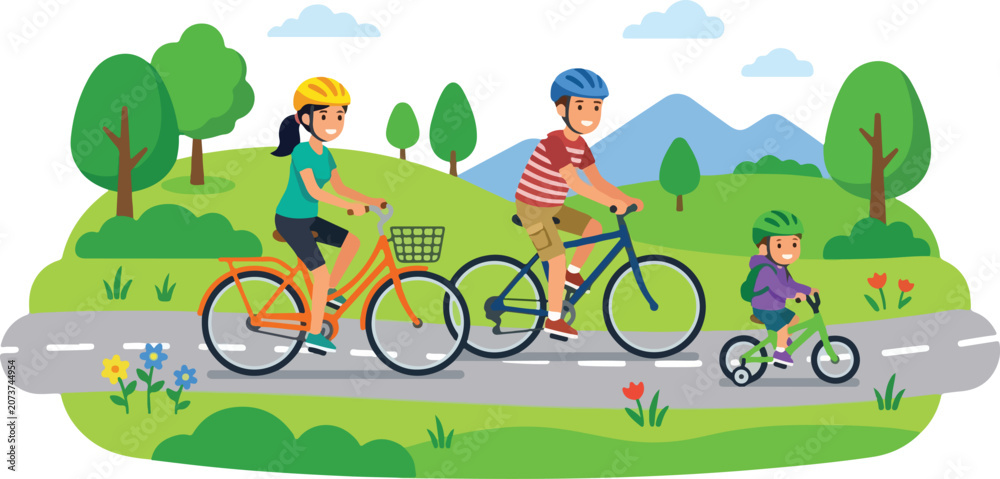 Fototapeta premium Family enjoying outdoor leisure ride on bicycles together in nature