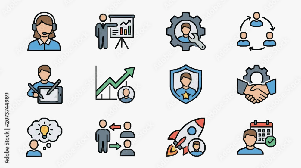 Fototapeta premium Creative Set of 12 Flat Icons Illustrating Diverse Business and Teamwork Concepts with Minimalist Design