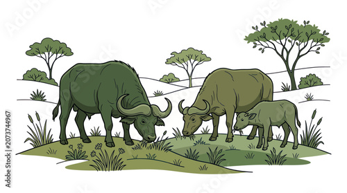 Canvas Print African Buffalo Family Grazing in Savannah Landscape Illustration
