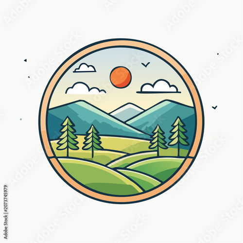 Flat design landscape with mountains, trees, and sun in a circle