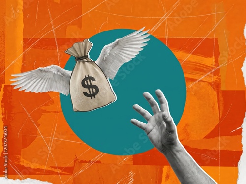 Creative collage depicting inflation money soaring away in a unique visual representation