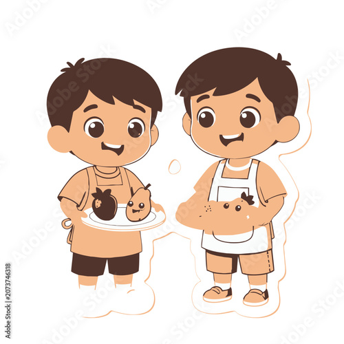 Two cartoon boys cooking together in aprons