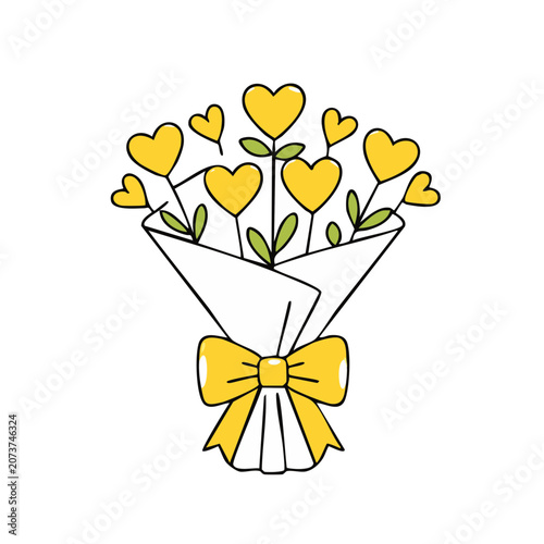 Yellow Heart Bouquet with Bow Vector Illustration
