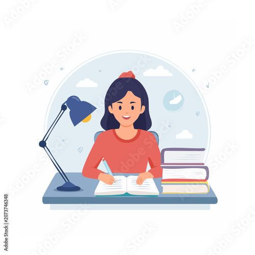 Young girl studying at a desk with books and lamp