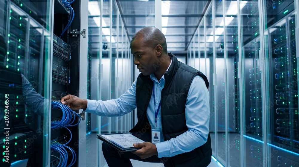 Fototapeta premium Data center technician managing server infrastructure with modern technology tools
