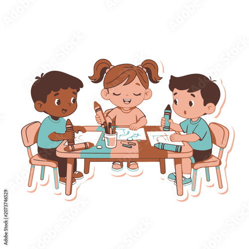 Cartoon children drawing together at a table