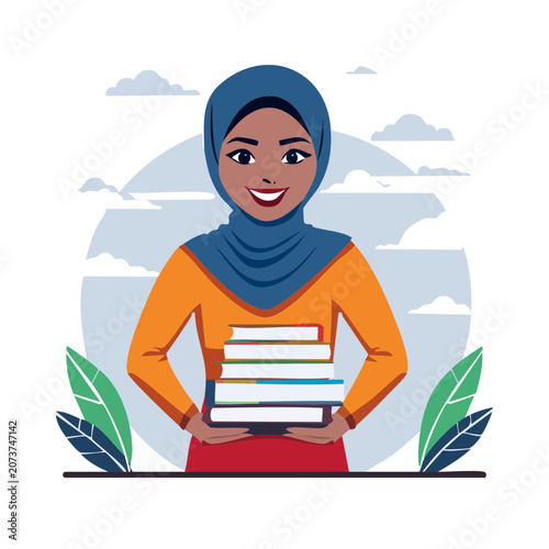 Smiling woman in hijab holding books and tablet
