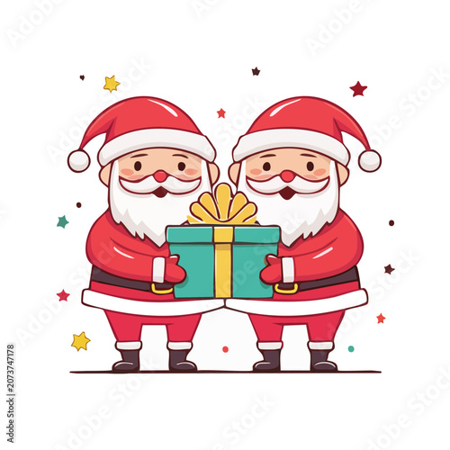 Two Santa Claus Holding Gift Box, Flat Cartoon Vector