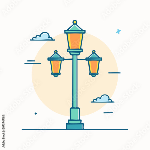Vintage Street Lamp with Three Lights and Clouds