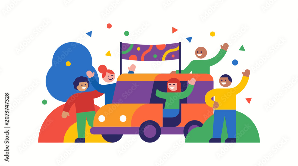 Fototapeta premium Diverse group celebrating and traveling in colorful van vector illustration.