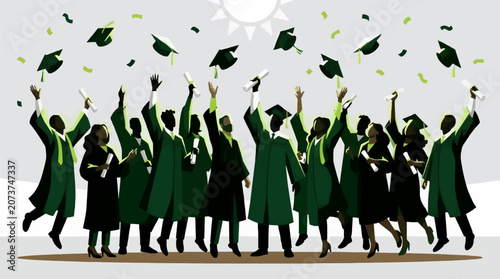 Canvastavla Diverse Graduating Students in Dark Green Academic Regalia Throwing Caps and Dip