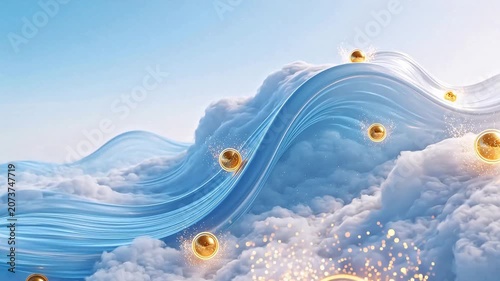Blue wave with golden spheres in sky