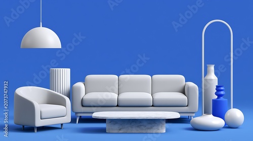 Modern minimalistic living room interior with blue background and white furniture
