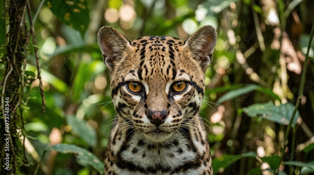 Fototapeta premium Close up portrait of a wild ocelot in the tropical rainforest.