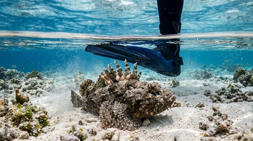 Diver flipper dangerously close to a venomous stonefish on the ocean floor.