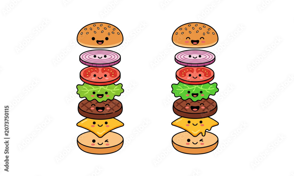 Fototapeta premium Cute burger ingredients vector pack kawaii deconstructed fast food sticker collection