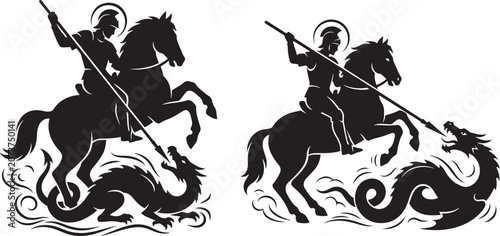 Set of two knight on horseback slaying dragon icons medieval fantasy warrior silhouettes st george knight riding fantasy art medieval silhouette folklore champion adventure historical