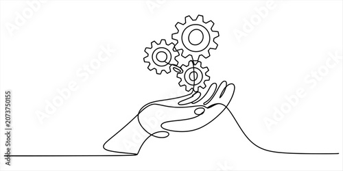 Obraz na plátně Single continuous line drawing of a human hand holding three rotating mechanical