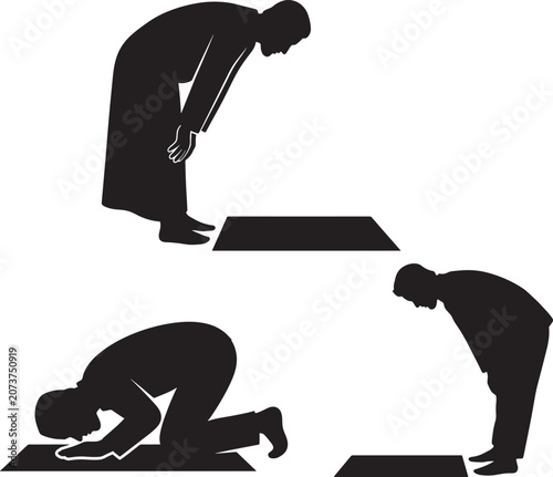Set of black silhouettes showing traditional muslim prayer postures on prayer rugs with religion kneeling spiritual silhouette devotion tradition religious meditation reverence illustration
