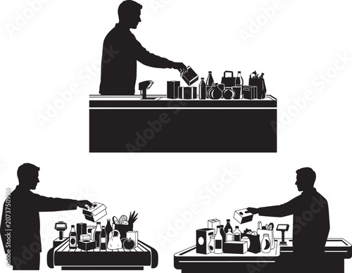 Silhouettes of retail store cashiers scanning and packing grocery items at checkout counters with checkout shopping customer business supermarket transaction purchase commerce profession