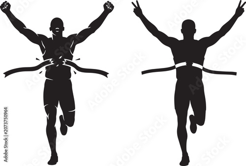 Athletes crossing the finish line silhouettes depicting victory success and racing competition silhouette celebration achievement champion crossing performance exercise training