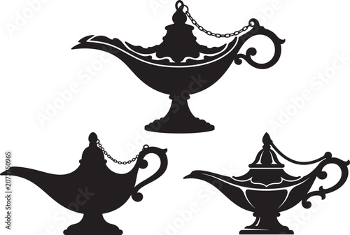 Collection of magical genie oil lamps in silhouette vintage fantasy decorative oil lanterns silhouette decoration mythical illustration collection fairytale mystical illumination folklore