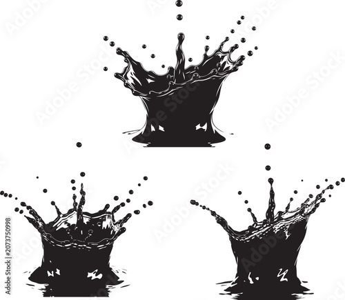Set of black liquid ink splashes forming crowns with splatter silhouette abstract isolated splashing refreshing creation artistic minimalist collection