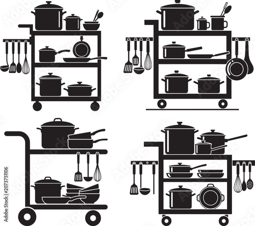 Kitchen utensil trolley collection set of four silhouettes with utensils culinary restaurant equipment catering professional gastronomy spatulas cookware organizer hospitality kitchenware