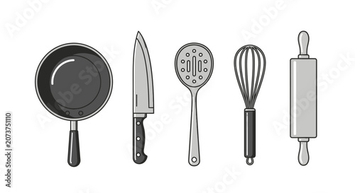 Bild auf Leinwand Kitchen Utensil and Cooking Tool Set Flat Outline Vector Illustration
