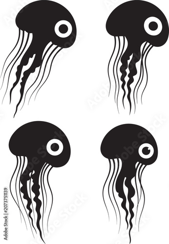 Jellyfish silhouette set of four aquatic sea creatures with jellyfish creature silhouette wildlife bioluminescence tentacles cnidarian floating underwater ecosystem abstract isolated