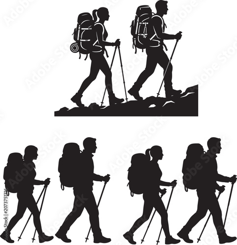 Silhouettes of hikers with backpacks and trekking poles walking on mountain trails backpack trekking mountain adventure climbing backpacking lifestyle expedition recreation carrying